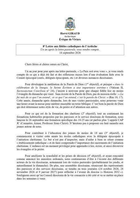 Voici la 8e lettre pastorale de Mgr Giraud